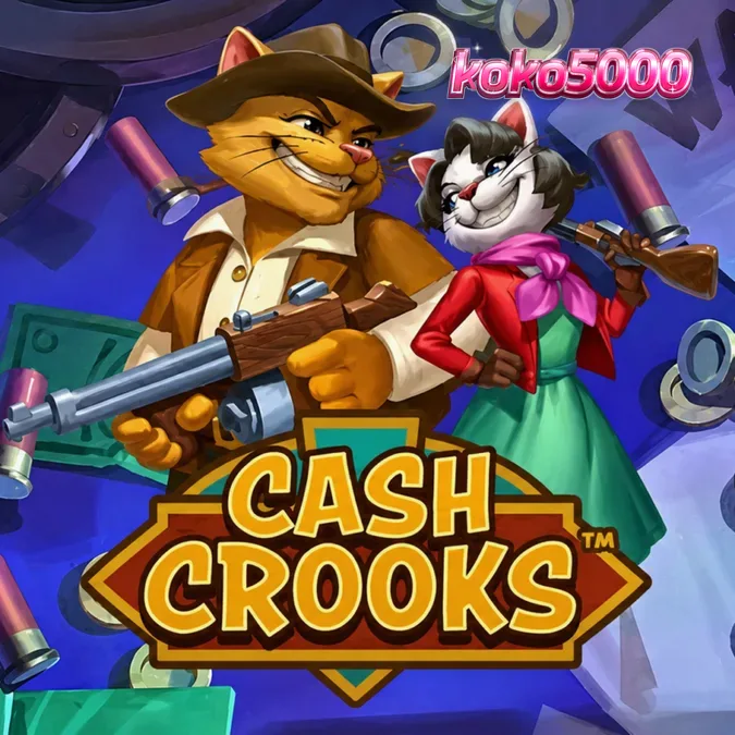 Tampilan layar permainan slot Cash Crooks dengan karakter kucing Betty dan Clyve